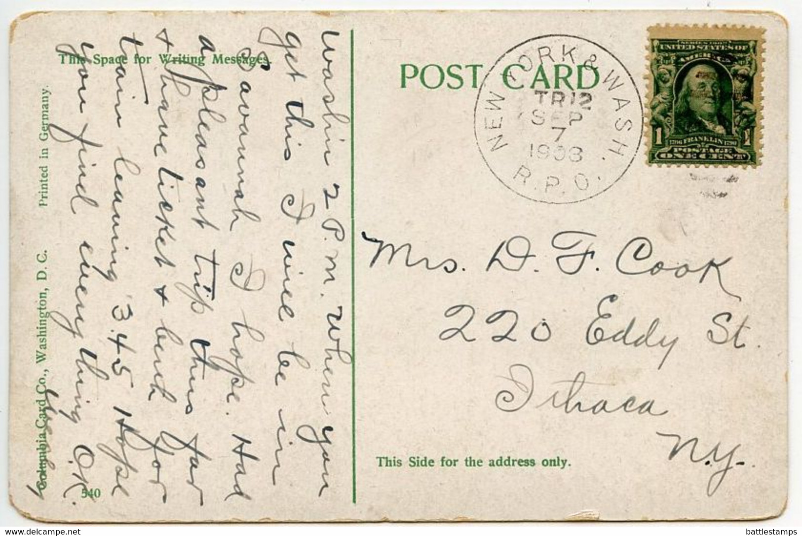 United States 1908 Postcard Arlington Mansion, Virginia; New York & Washington RPO Postmark - Arlington