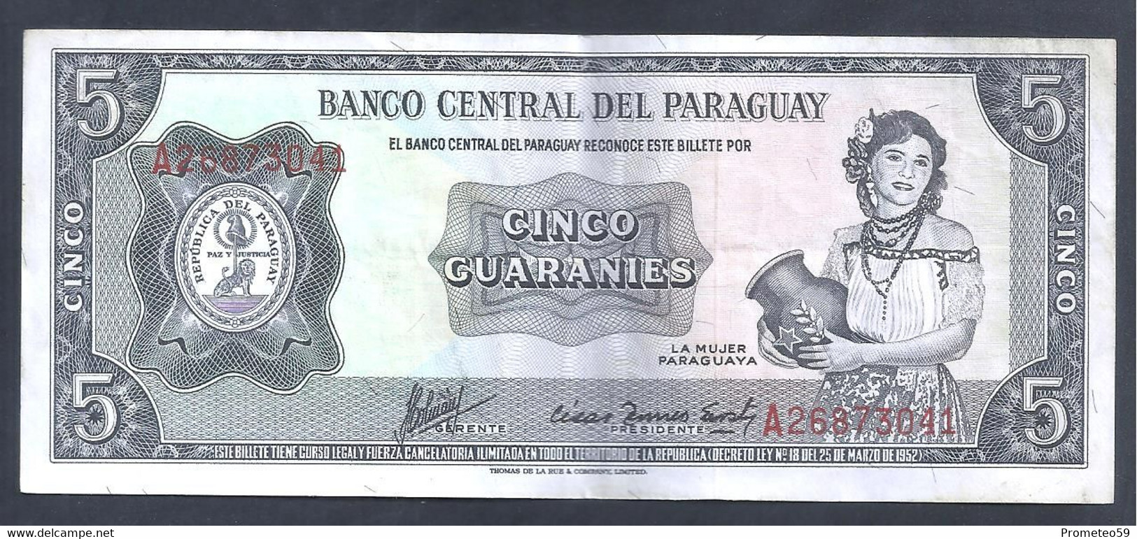Paraguay – Billete Banknote De 5 Guaraníes – Ley De 1952 – Serie A – Año 1963 - Paraguay