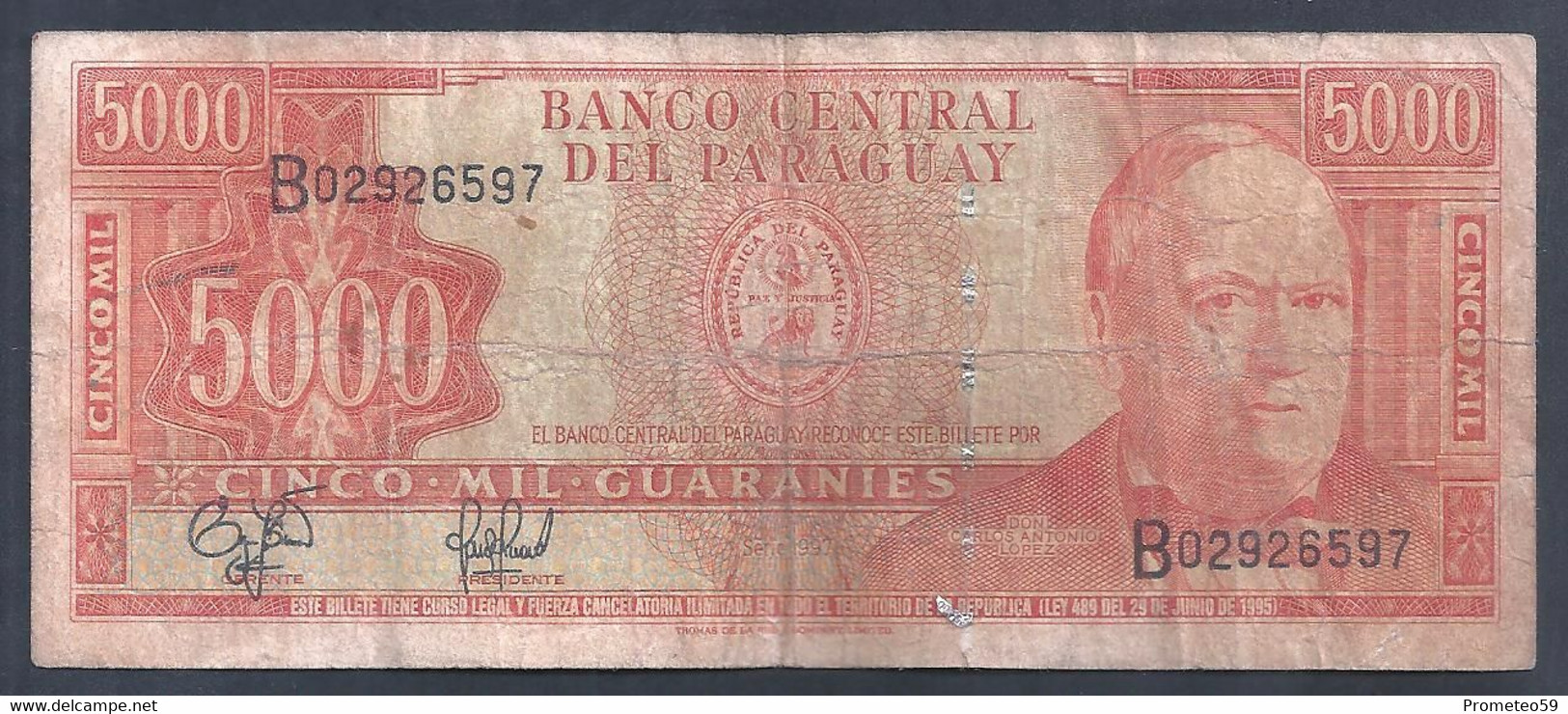 Paraguay – Billete Banknote De 5.000 Guaraníes – Ley De 1995 – Serie B – Año 1997 - Paraguay