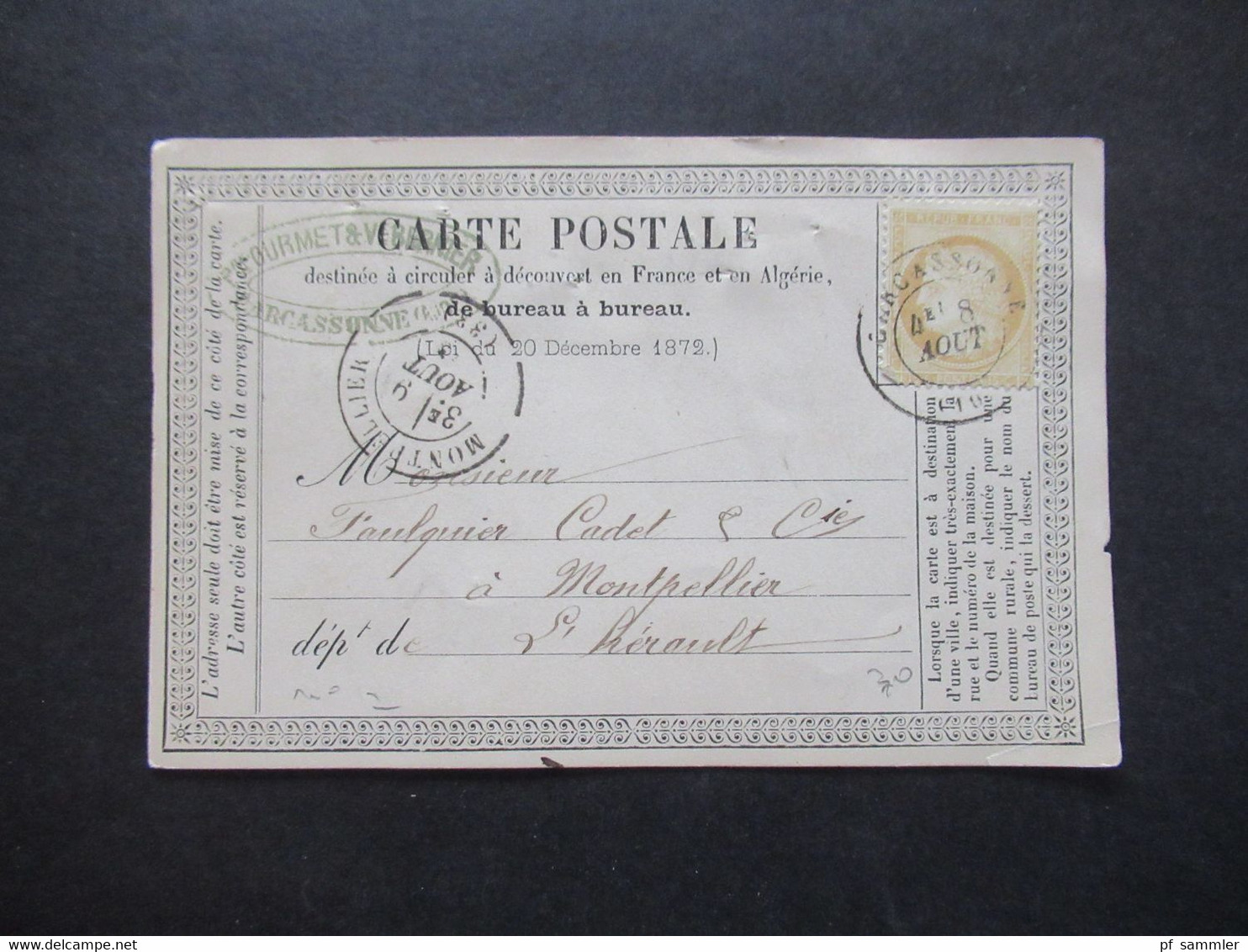 Frankreich Klassik 1873 Ceres EF Carte Postale Stempel K2 Carcassone Und Montpellier Und Absender Stempel - 1849-1876: Periodo Clásico