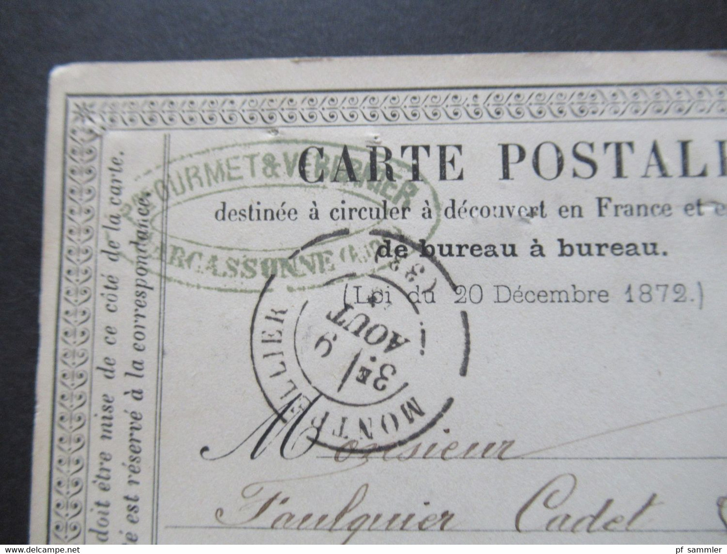 Frankreich Klassik 1873 Ceres EF Carte Postale Stempel K2 Carcassone Und Montpellier Und Absender Stempel - 1849-1876: Periodo Clásico