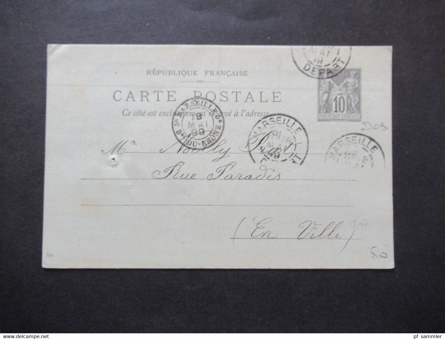 Frankreich 1899 Sage Ganzsache Mit 4 Stempeln Unterschiedliche Stempel Marseille / Gedruckte Firmenkarte John G. Todd - 1877-1920: Periodo Semi Moderno