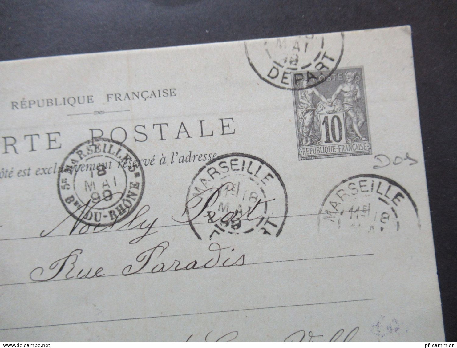 Frankreich 1899 Sage Ganzsache Mit 4 Stempeln Unterschiedliche Stempel Marseille / Gedruckte Firmenkarte John G. Todd - 1877-1920: Periodo Semi Moderno