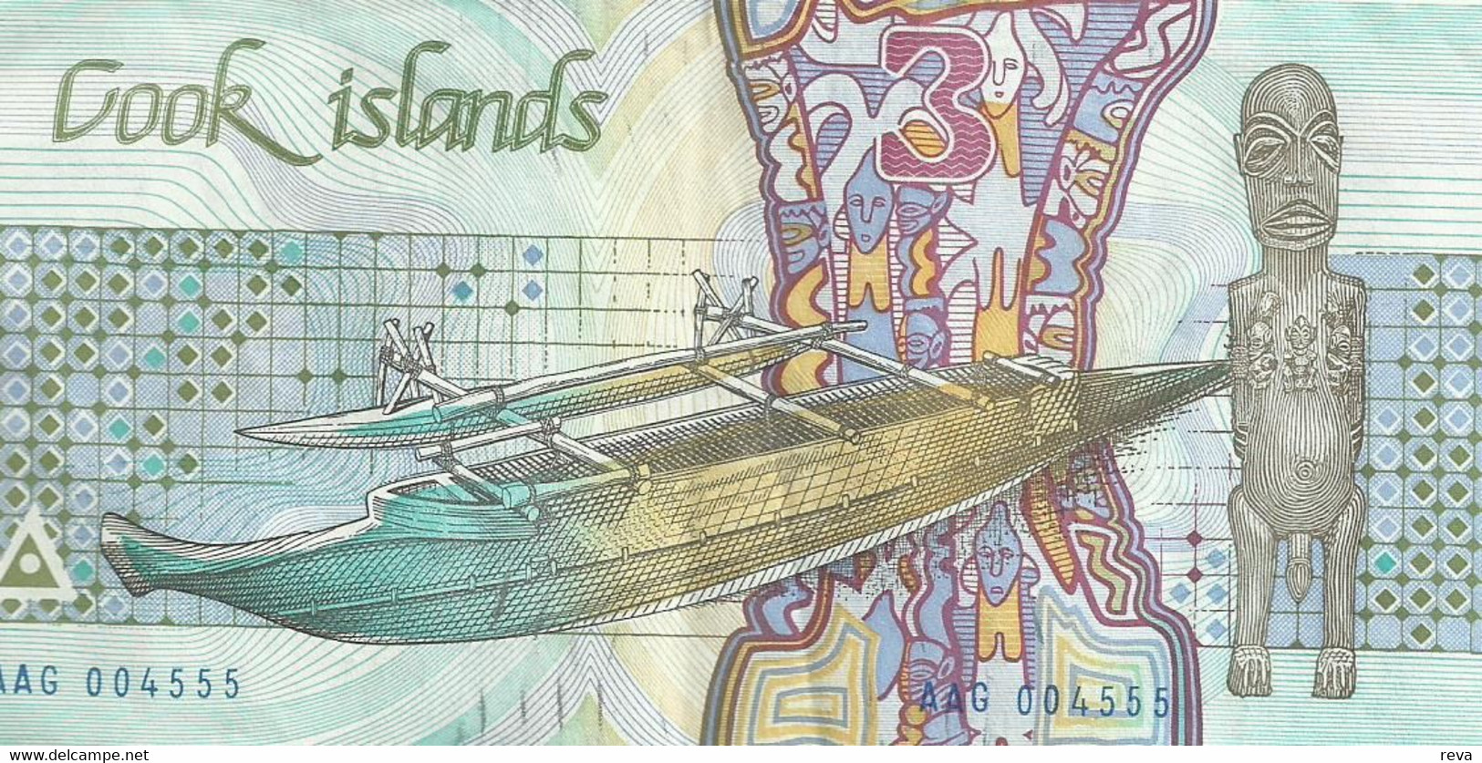 COOK ISLANDS $3 GREEN WOMAN SHARK ANIMAL FRONT NATIVE STATUES BACK ND(1987) P.4 EF READ DESCRIPTION !! - Cookeilanden