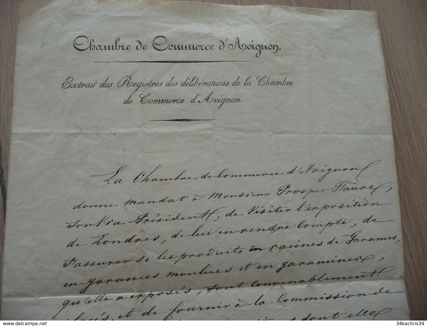 Chambre De Commerce D'Avignon 18/08/1851 Mandat Prosper Faure Pour L'Exposition De Londres - Manuscritos