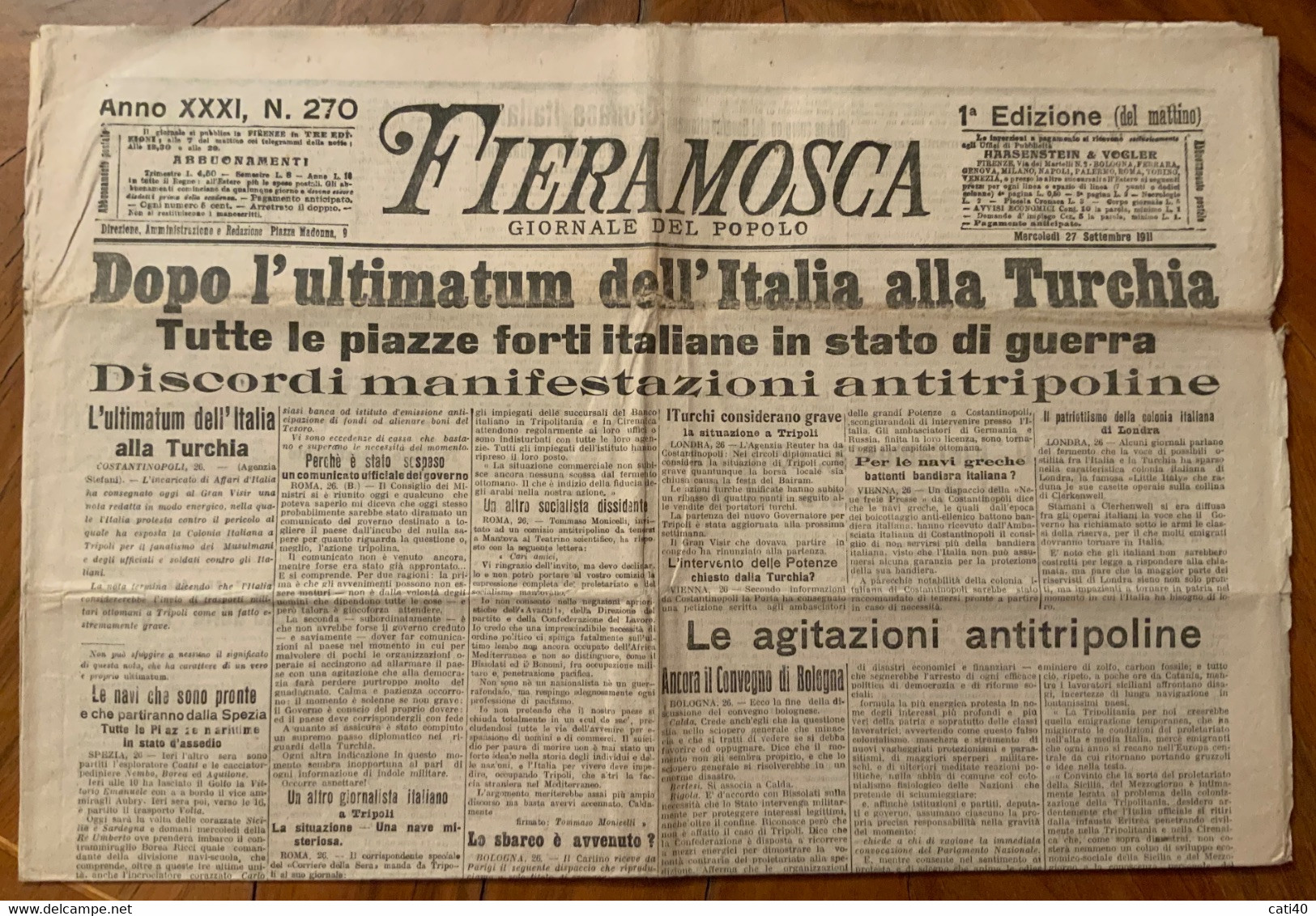 GUERRA ITALO TURCA -FIERAMOSCA :   GIORNALE DEL POPOLO 27/9/1911 : ULTIMATUM DELL'ITALIA ALLA TURCHIA..... - First Editions