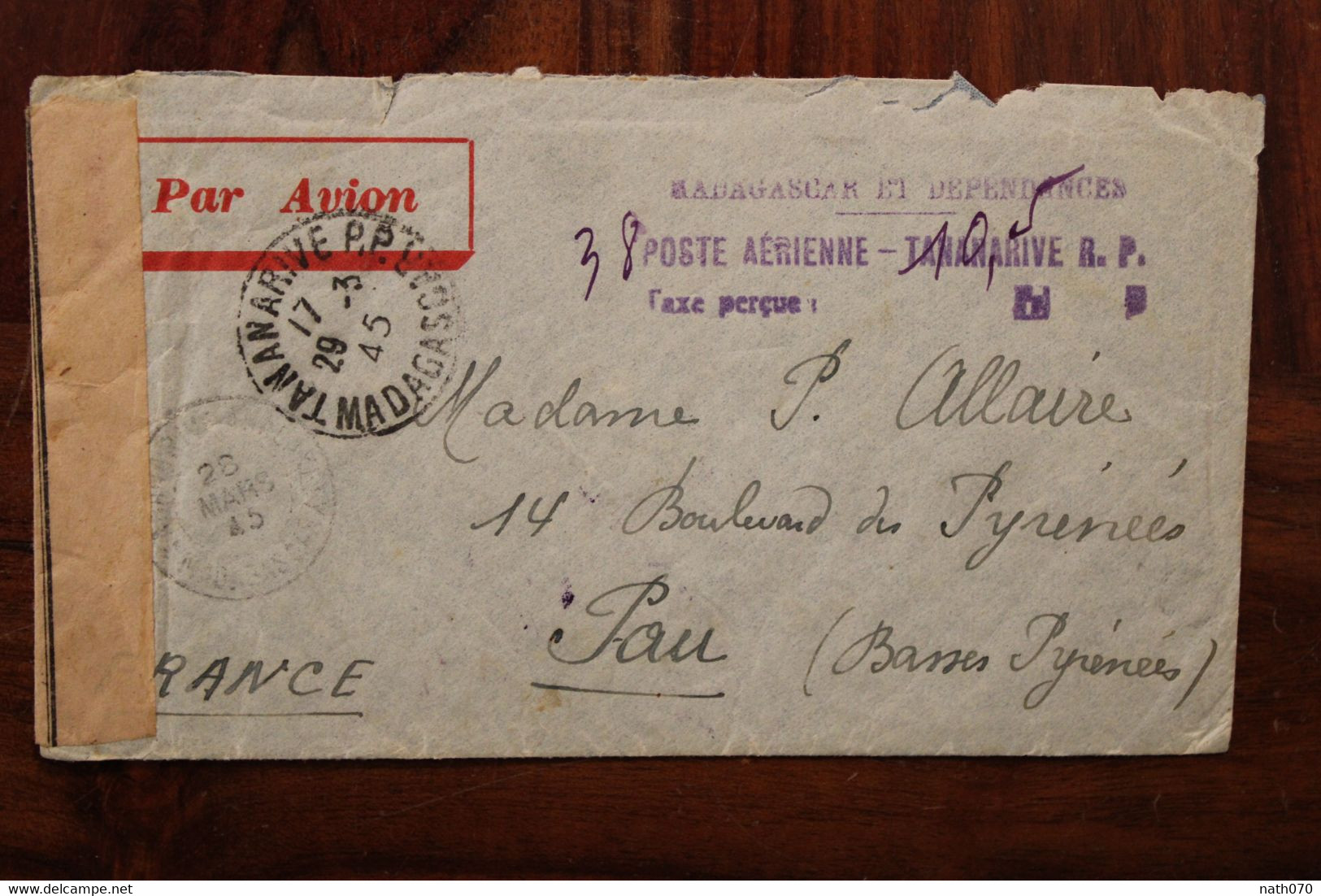 1945 Madagascar Contrôle Postal Censure Poste Aerienne Taxe Perçue Cover Air Mail Commission G12 - Brieven En Documenten