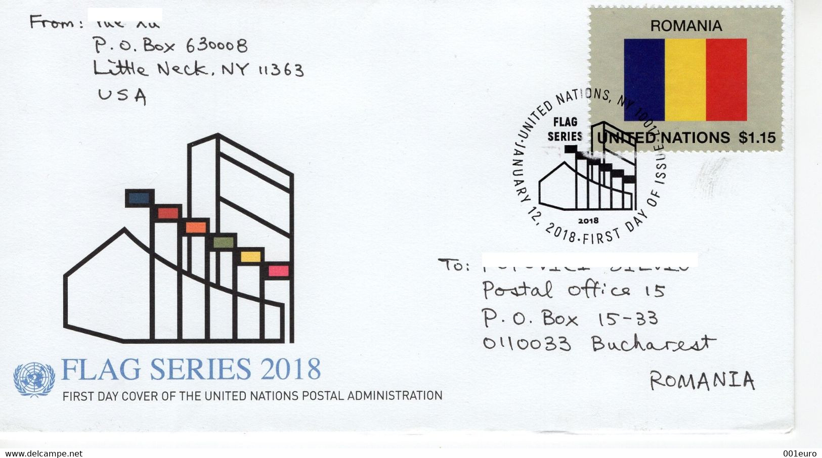 UNITED NATIONS 2018: FLAG OF ROMANIA, FDC Cover Circulated To Romania - Registered Shipping! - Covers & Documents