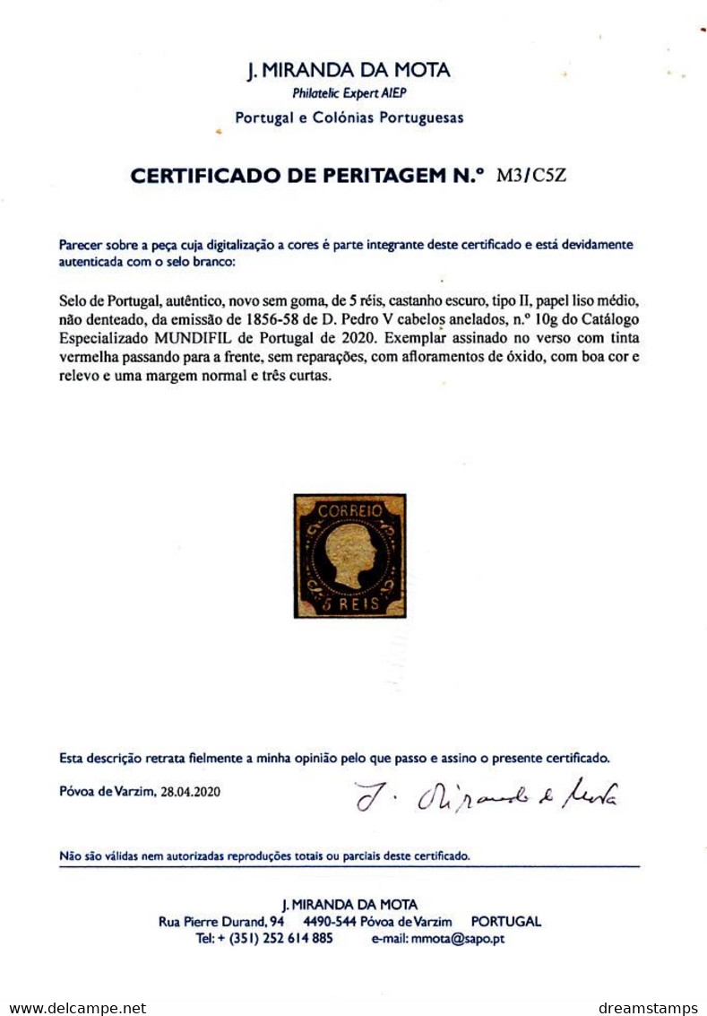 !										■■■■■ds■■ Portugal 1856 AF#10g (*) K.Pedro Curled Hair 5 Réis DIE II CERTIFIED (x2600) - Neufs