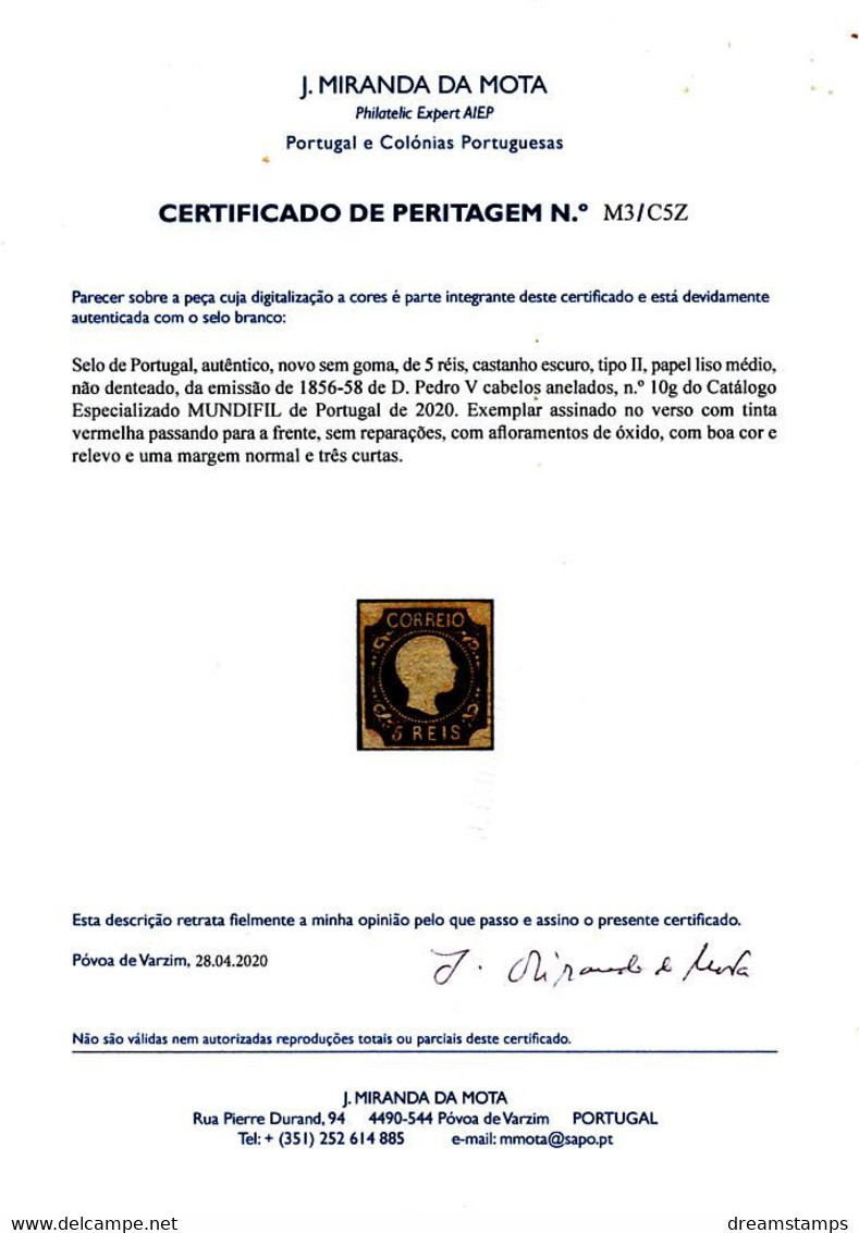 !										■■■■■ds■■ Portugal 1856 AF#10g (*) K.Pedro Curled Hair 5 Réis DIE II CERTIFIED (x2600) - Nuevos