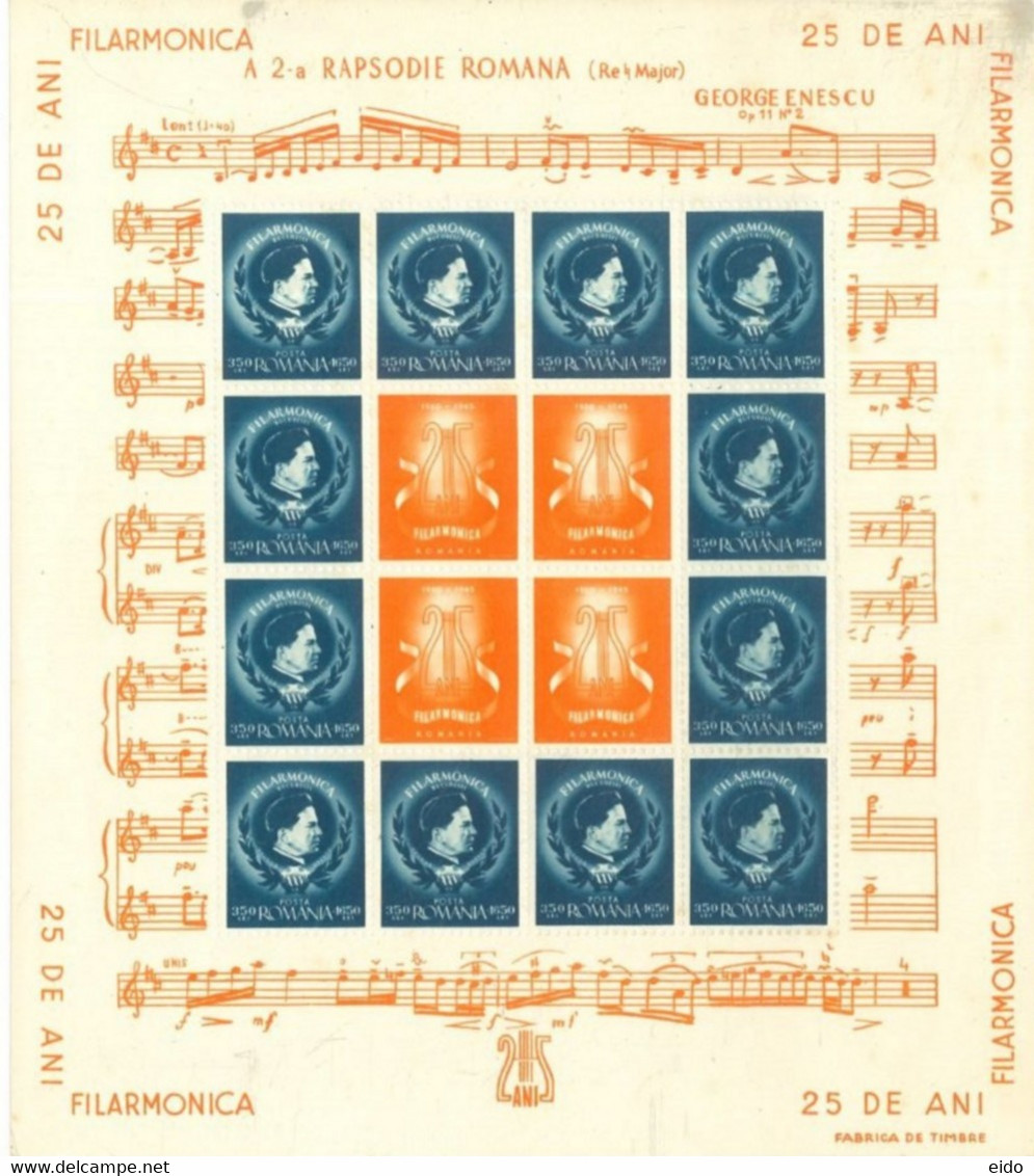 ROMANIA - 1945 - 25th. DEATH ANNIV. OF GEORGE ENESCU STAMPS SHEETS OF 2, EACH 20 STAMPS, UMM(**). - Andere & Zonder Classificatie