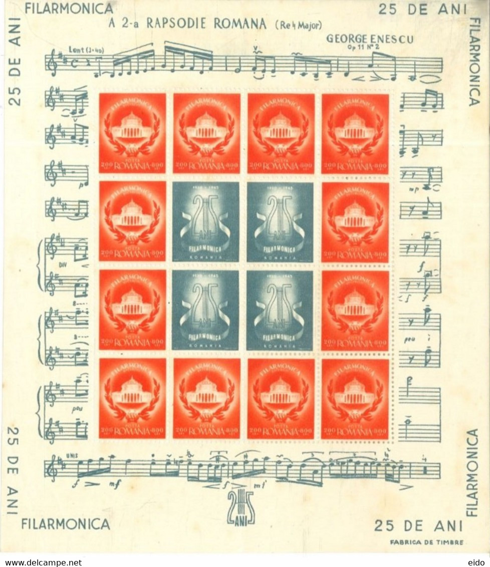 ROMANIA - 1945 - 25th. DEATH ANNIV. OF GEORGE ENESCU STAMPS SHEETS OF 2, EACH 20 STAMPS, UMM(**). - Other & Unclassified