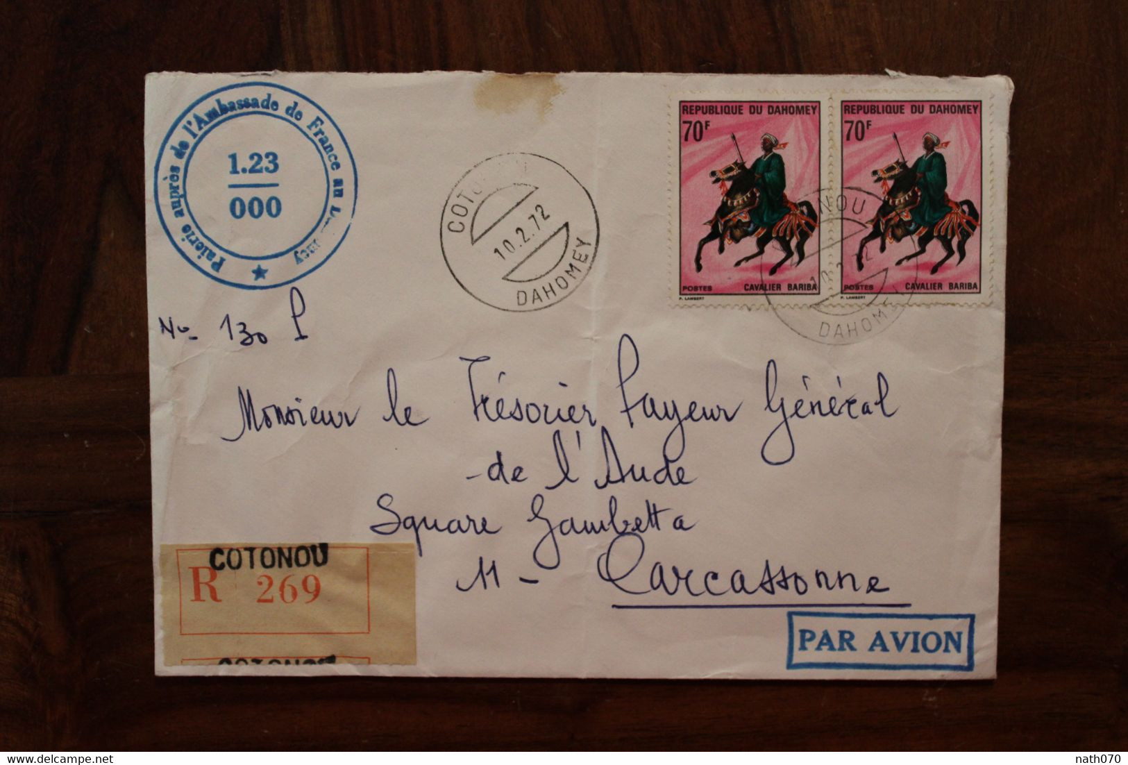 1972 Dahomey Bénin Ambassade De France Pour Carcassonne Enveloppe Cover Recommandé Registered Reco - Benin – Dahomey (1960-...)