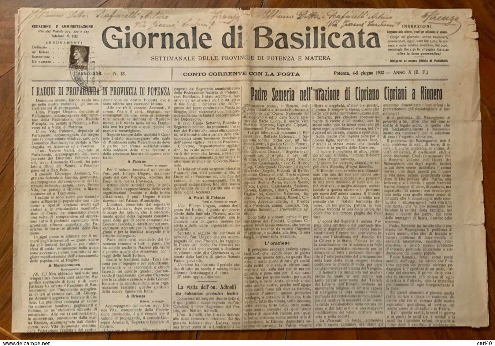 POTENZA MATERA - GIORNALE DI BASILICATA 4-5 GIUGNO 1932 - X - NOTIZIE REGIONALI - PUBBLICITA' D'EPOCA - First Editions