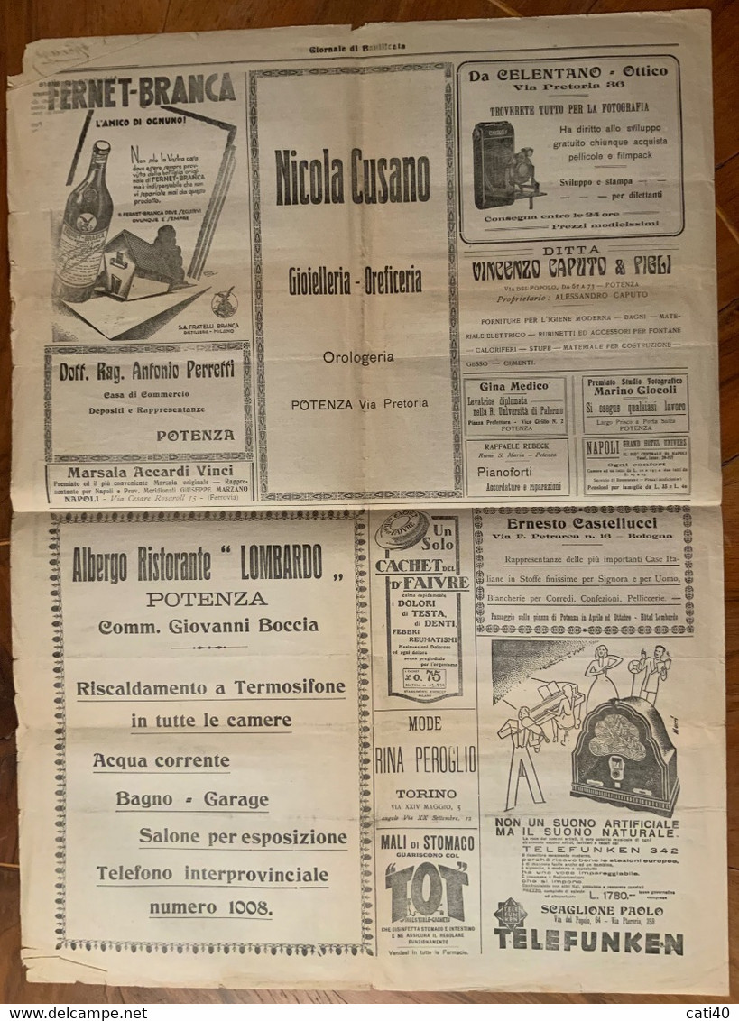 POTENZA MATERA - GIORNALE DI BASILICATA 4-5 GIUGNO 1932 - X - NOTIZIE REGIONALI - PUBBLICITA' D'EPOCA - Prime Edizioni