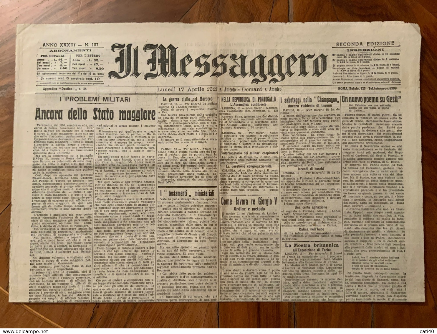 GIORNALE IL MESSAGGERO DEL 17/4/1911 - I PROBLEMI MILITARI..,. PUBBLICITA' D'EPOCA - Prime Edizioni