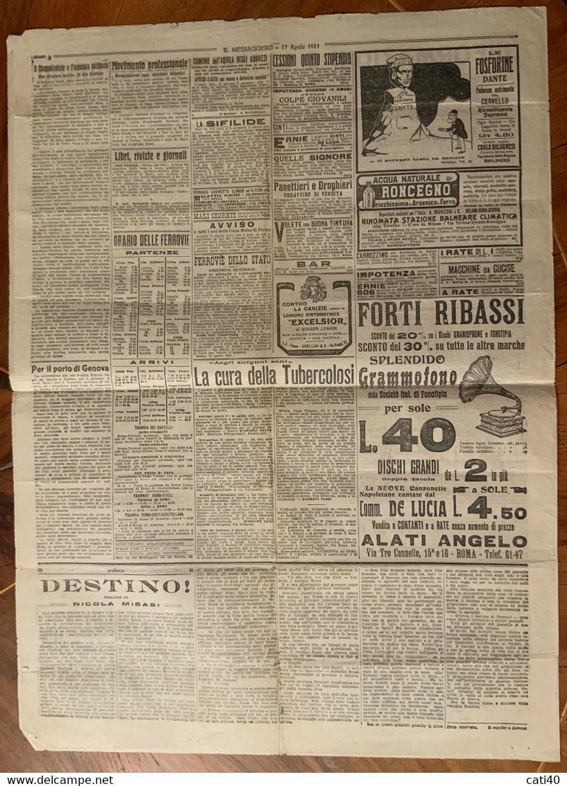 GIORNALE IL MESSAGGERO DEL 17/4/1911 - I PROBLEMI MILITARI..,. PUBBLICITA' D'EPOCA - Prime Edizioni