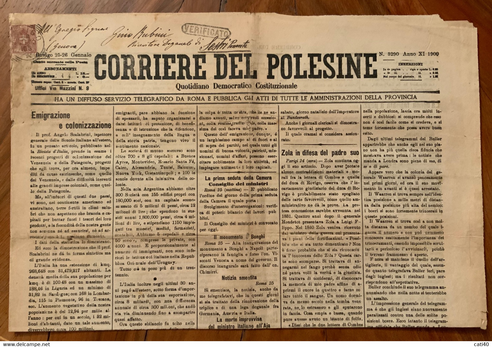 ROVIGO - CORRIERE DEL POLESINE  DEL 25-26/1/1900 - NOTIZIE REGIONALI - PUBBLICITA' D'EPOCA -. VERIFICATO PER POSTA - Erstauflagen