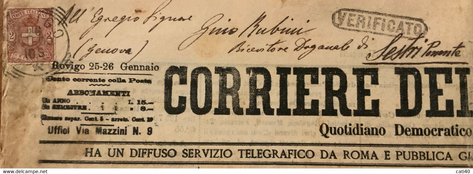 ROVIGO - CORRIERE DEL POLESINE  DEL 25-26/1/1900 - NOTIZIE REGIONALI - PUBBLICITA' D'EPOCA -. VERIFICATO PER POSTA - Prime Edizioni