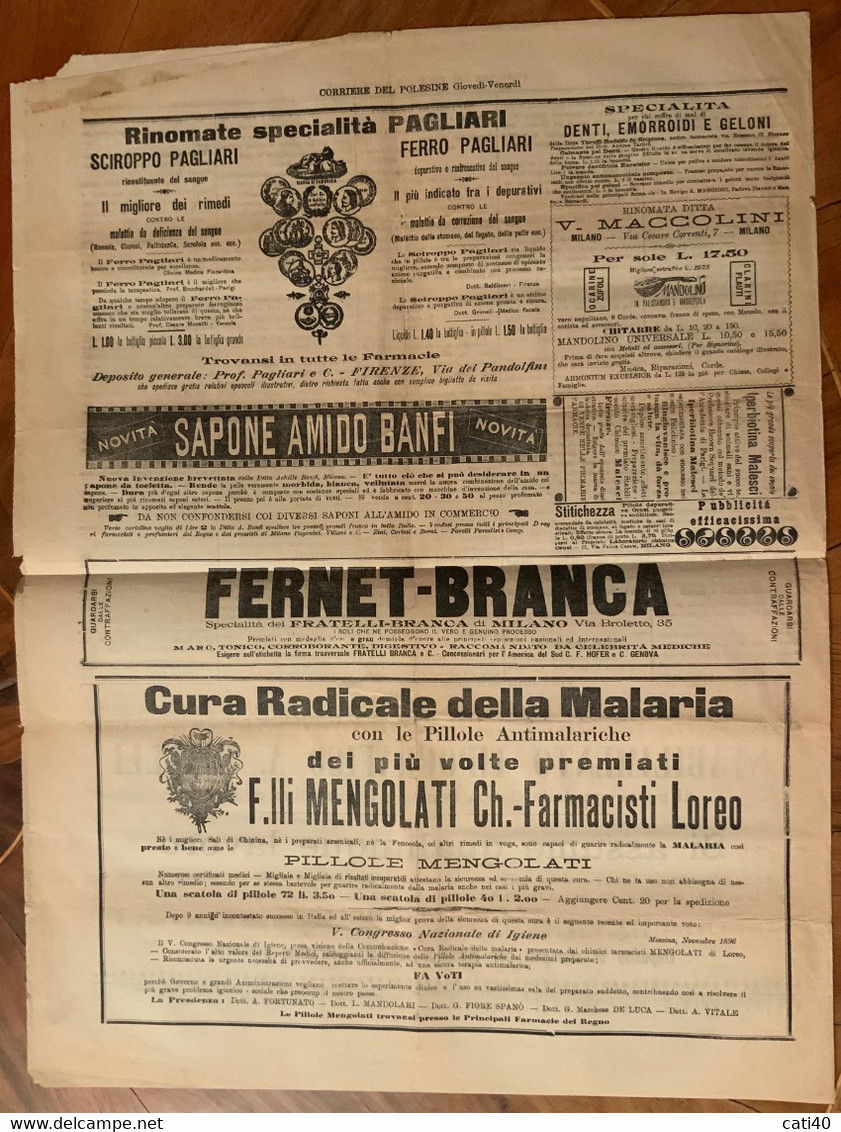 ROVIGO - CORRIERE DEL POLESINE  DEL 25-26/1/1900 - NOTIZIE REGIONALI - PUBBLICITA' D'EPOCA -. VERIFICATO PER POSTA - First Editions