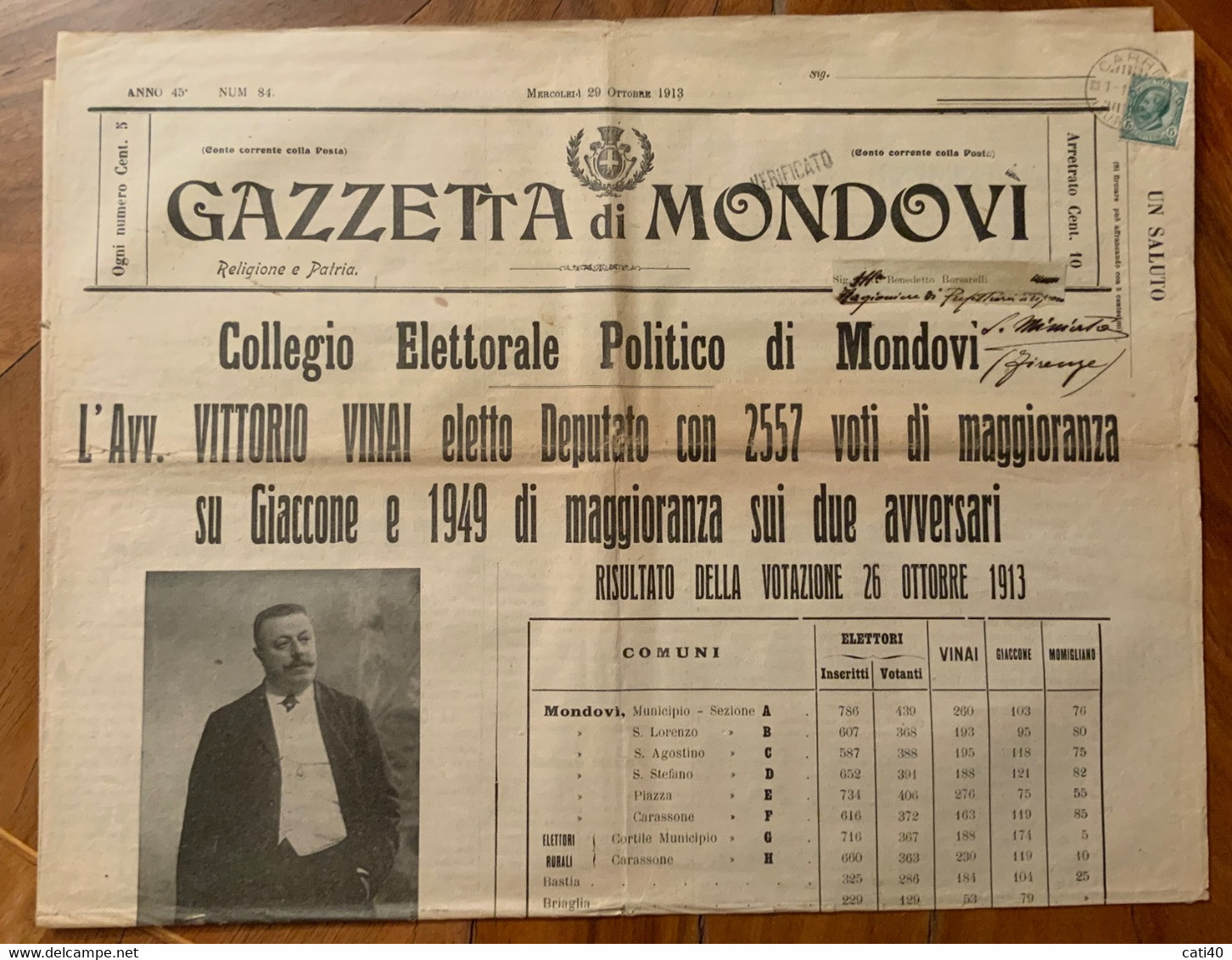 GAZZETTA DI MONDOVI' Del 29/10/1913  - NOTIZIE LOCALI I - PUBBLICITA' D'EPOCA - Da CARRU' * (CUNEO)* Annullo Su LEONI 5 - Prime Edizioni