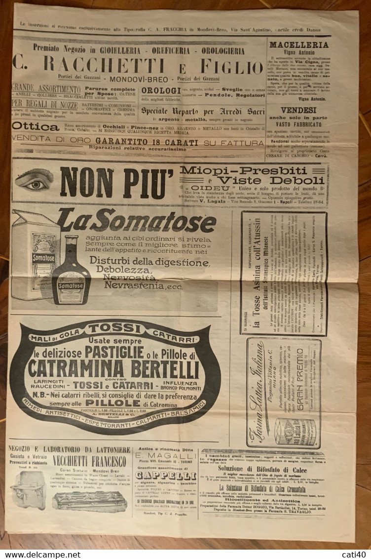 GAZZETTA DI MONDOVI' Del 29/10/1913  - NOTIZIE LOCALI I - PUBBLICITA' D'EPOCA - Da CARRU' * (CUNEO)* Annullo Su LEONI 5 - First Editions