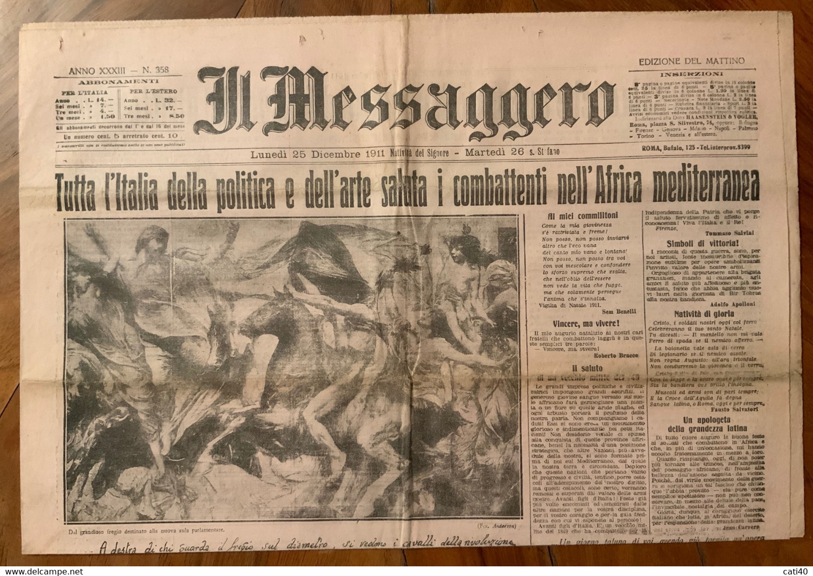 GUERRA ITALO -TURCA - GIORNALE IL MESSAGGERO Del NATALE 1911 : TUTTA L'ITALIA..SALUTA I COMBATTENTI NELL'AFRICA MEDITE - First Editions