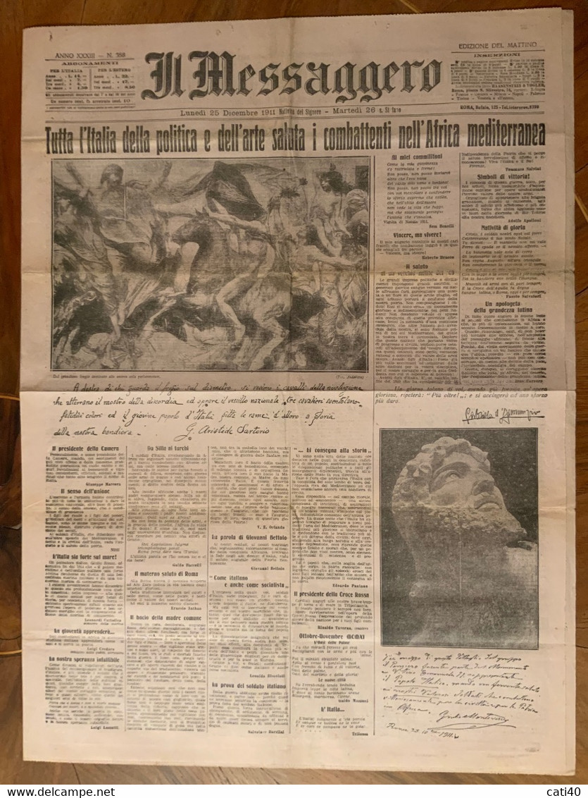 GUERRA ITALO -TURCA - GIORNALE IL MESSAGGERO Del NATALE 1911 : TUTTA L'ITALIA..SALUTA I COMBATTENTI NELL'AFRICA MEDITE - First Editions