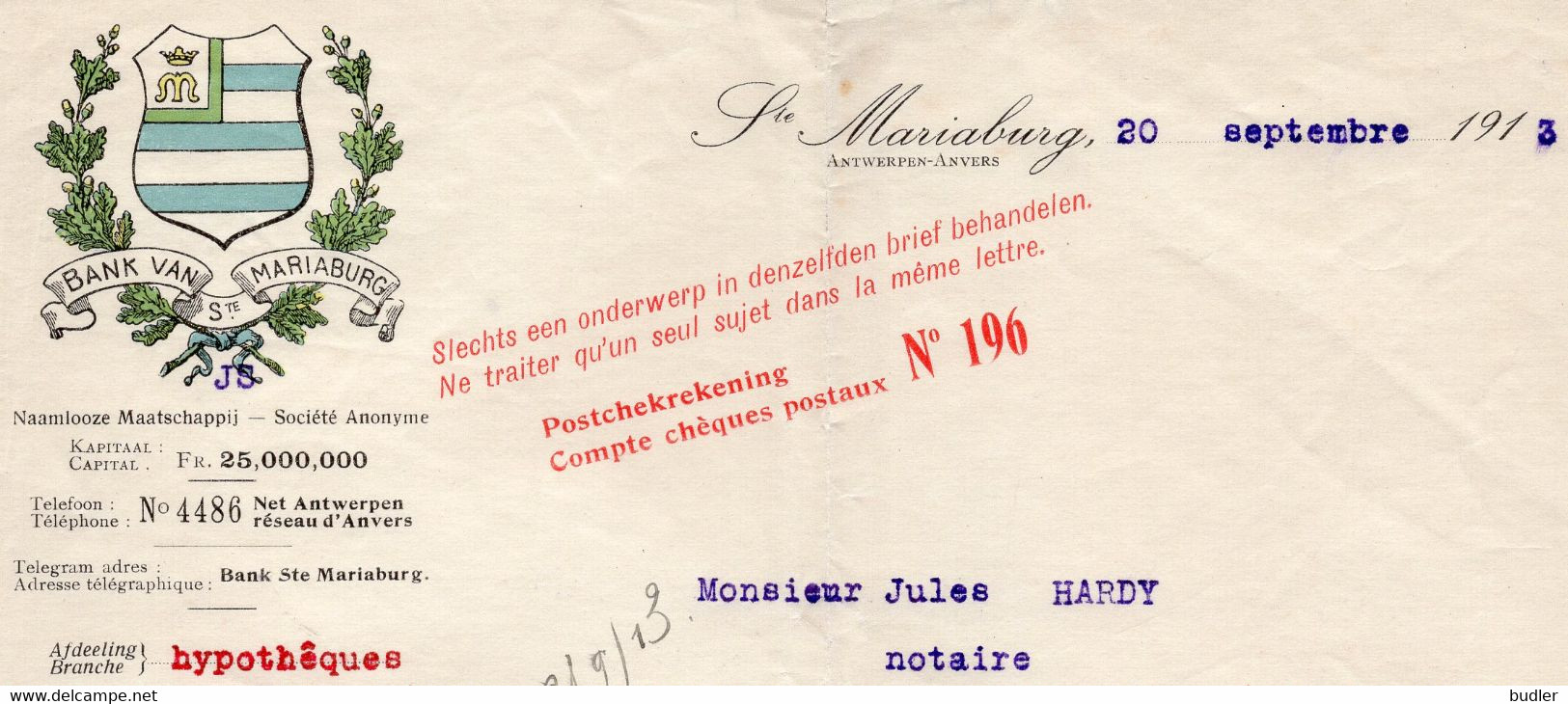 1913: Brief Van ## BANK Van Ste. MARIABURG, Ste. Mariaburg, ANTWERPEN ## Aan ## Notaire HARDY à FONTAINE-l'ÉVÊQUE ## : - Banco & Caja De Ahorros