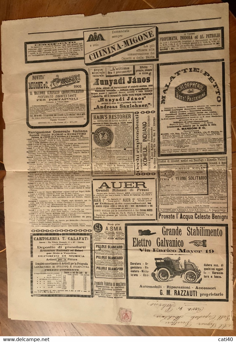 LIVORNO - IL TELEGRAFO Del 26/11/1901 - NOTIZIE REGIONALI E PUBBLICITA' D'EPOCA INTERESSANTE - First Editions