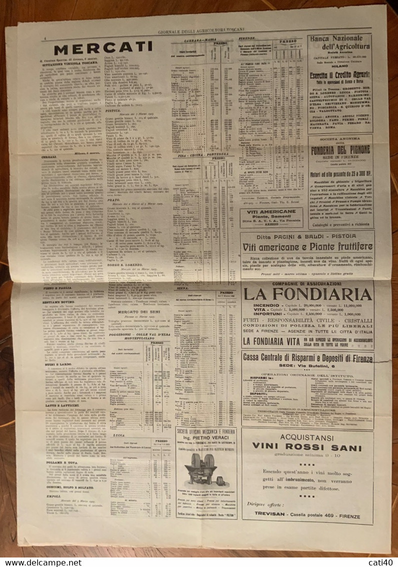 GIORNALE DEGLI AGRICOLTORI TOSCANI - 11/3/1925  - NOTIZIE REGIONALI E PUBBLICITA' D'EPOCA INTERESSANTE - First Editions