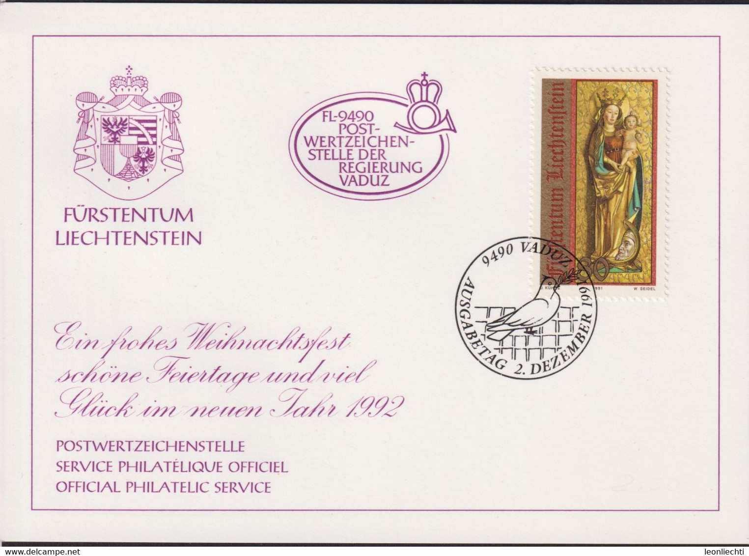 1991 Liechtenstein Offizielle Glückwunschkarte Nr. 25, Zum: LI 969, Mi: LI. 1028 - Cartas & Documentos