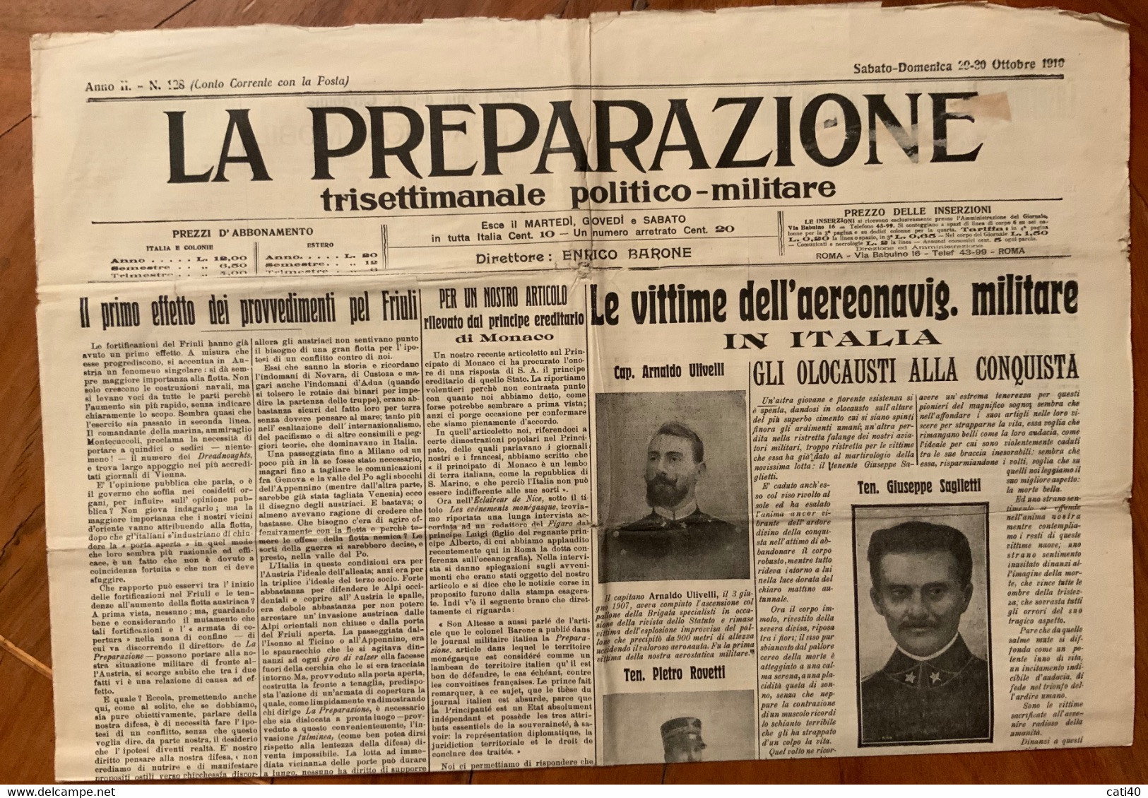 GIORNALE LA PREPARAZIONE Del 29-30/10/1910 - LE VITTIME DELL'AEREONAVIGAZIONE MILITARE ...RARE PUBBLICITA' D'EPOCA - First Editions