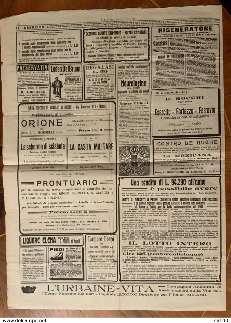 GIORNALE LA PREPARAZIONE Del 29-30/10/1910 - LE VITTIME DELL'AEREONAVIGAZIONE MILITARE ...RARE PUBBLICITA' D'EPOCA - First Editions