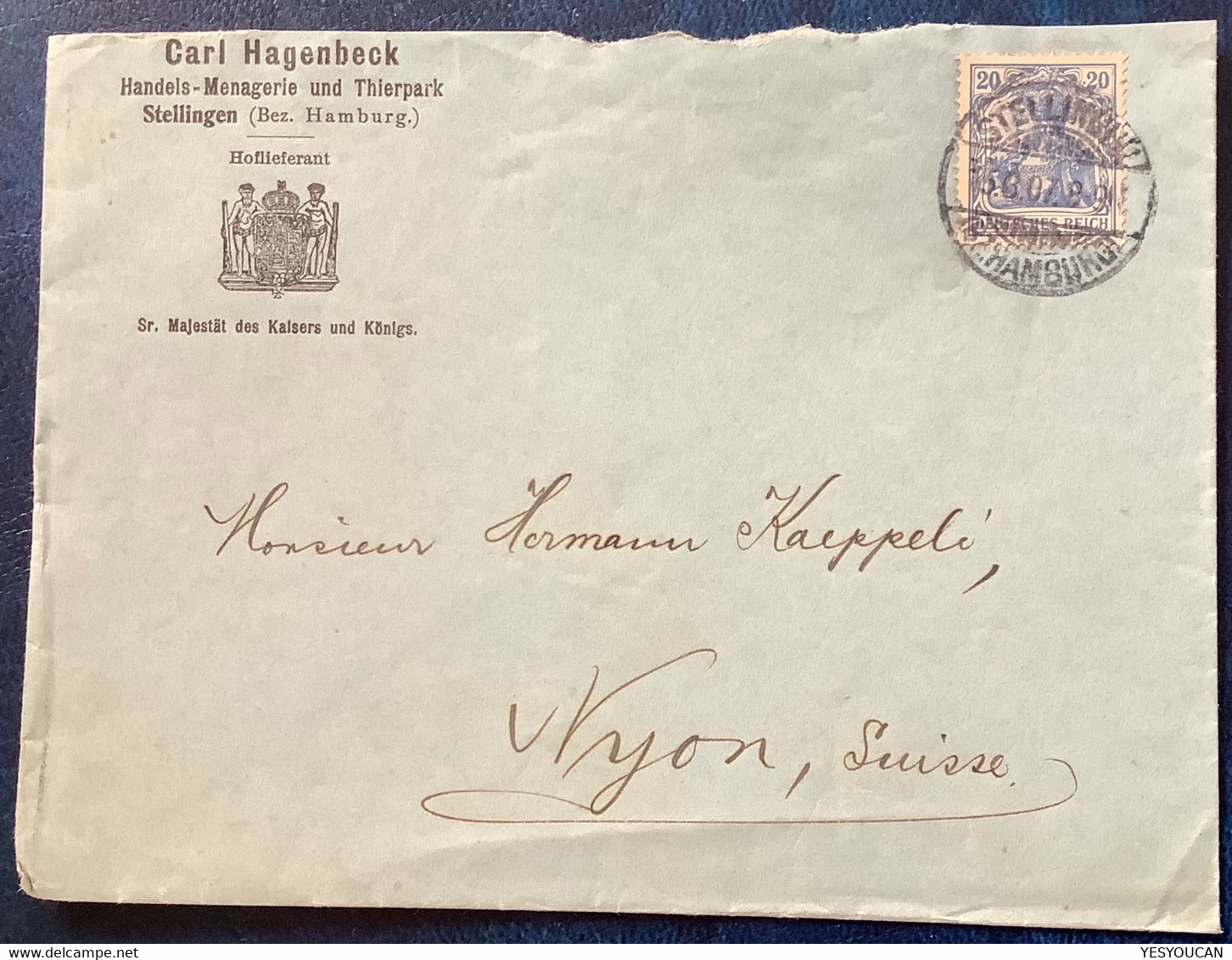 CARL HAGENBECK TIERPARK Brief Germania STELLINGEN HAMBURG 1907>Schweiz (Zoo P.T.BARNUM WILD ANIMALS - Covers & Documents