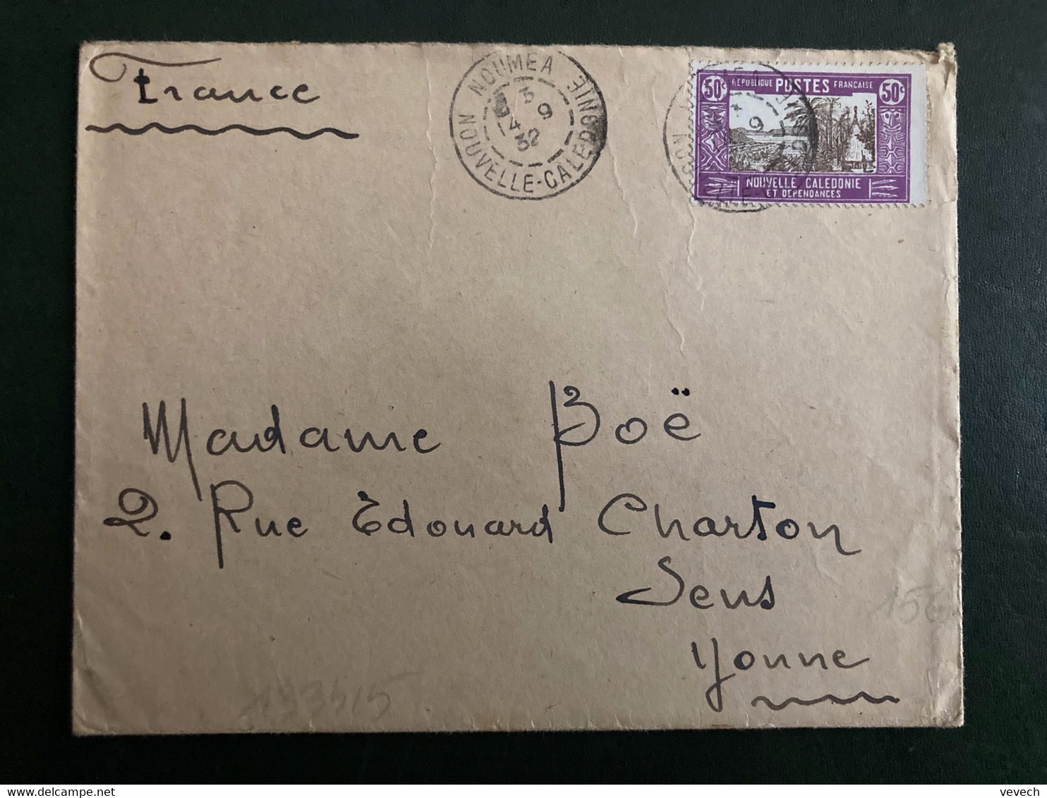 LETTRE TP 50c OBL.14-9 32 NOUMEA + CONSERVATION DES HYPOTHEQUES DE NOUMEA + Arrivée DAGUIN SENS YONNE - Briefe U. Dokumente