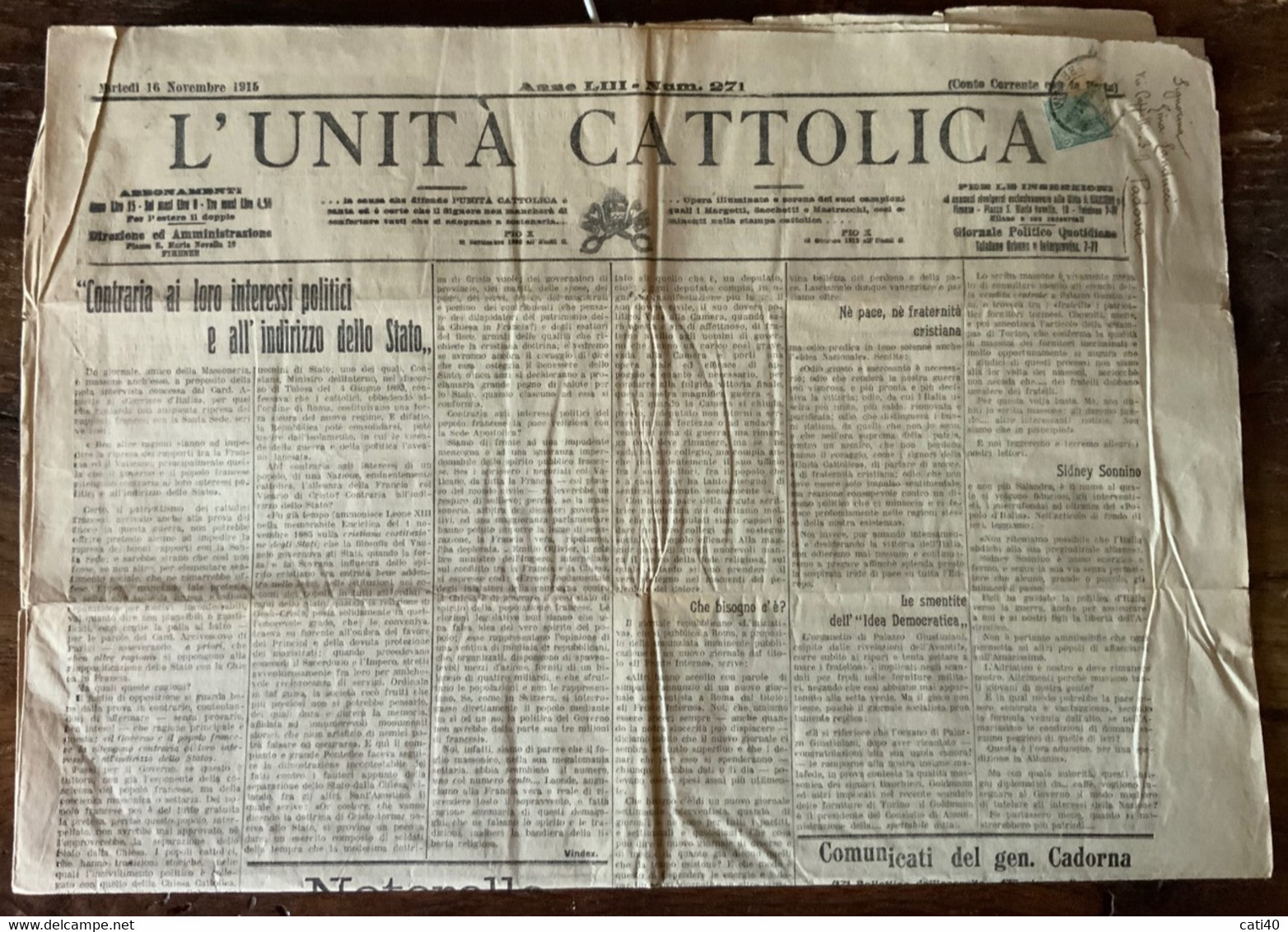 GIORNALE L'UNITA' CATTOLICA Del 16/11/1915 : COMUNICATO DEL GEN.CADORNA..RARE PUBBLICITA' D'EPOCA PER POSTA CON LEONI 5c - First Editions