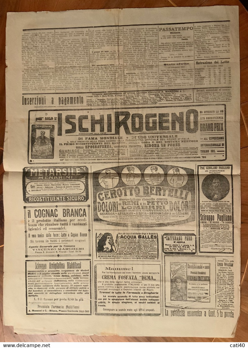 GIORNALE L'UNITA' CATTOLICA Del 16/11/1915 : COMUNICATO DEL GEN.CADORNA..RARE PUBBLICITA' D'EPOCA PER POSTA CON LEONI 5c - Premières éditions