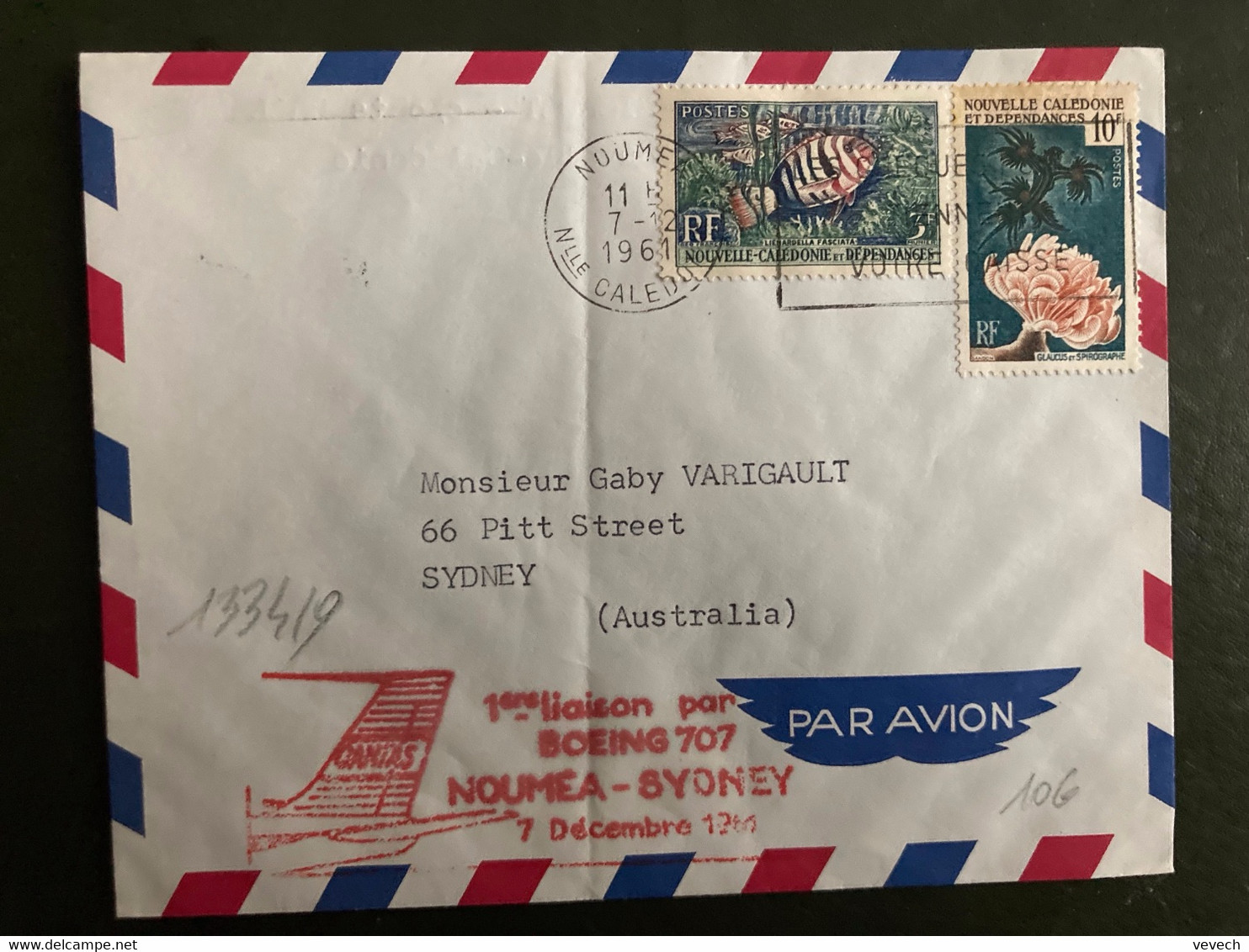 LETTRE TP GLAUCUS 10F + POISSON 3F OBL.MEC.7-12 1961 NOUMEA = 1ère Liaison Par BOEING 707 NOUMEA SYDNEY AUSTRALIE - Storia Postale