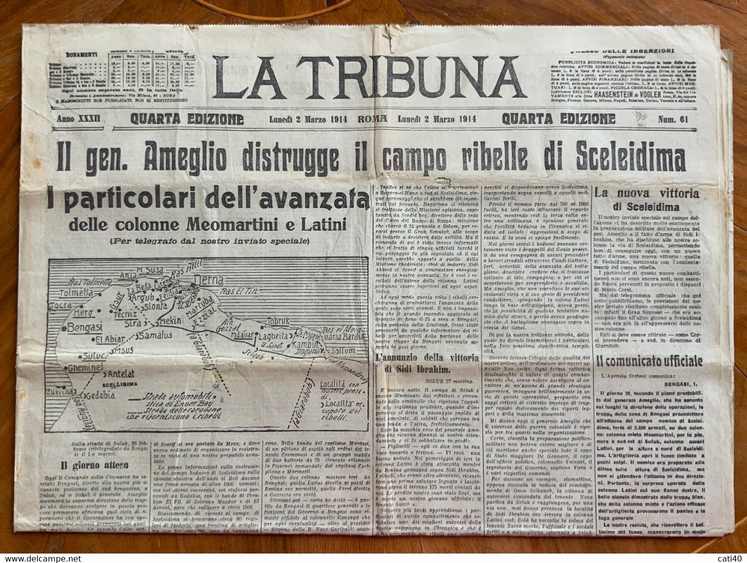 CAMPAGNA DI LIBIA - LA TRIBUNA Del 2/3/1914 : IL GEN. AMEGLIO DISTRUGGE IL CAMPO RIBELLE DI SCELEIDIMA...PUBBLICITA' ... - First Editions