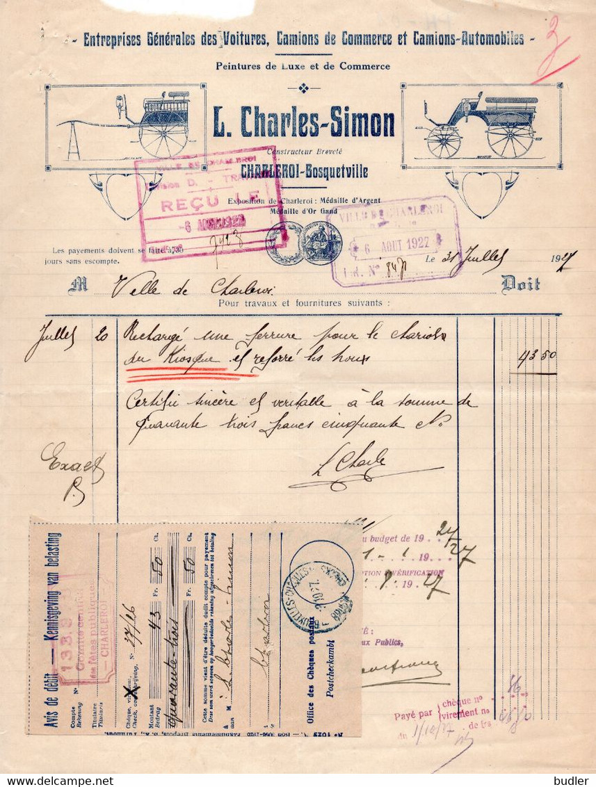1927: Facture De ## Entreprises Générales Des Voitures, Camions ... L. CHARLES-SIMON, CHARLEROI-Bosquetville ## - Transporte