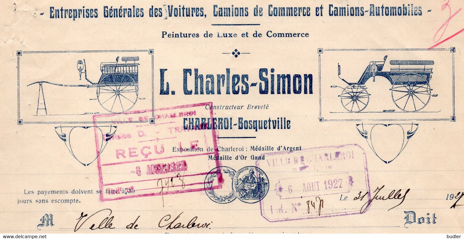 1927: Facture De ## Entreprises Générales Des Voitures, Camions ... L. CHARLES-SIMON, CHARLEROI-Bosquetville ## - Transport