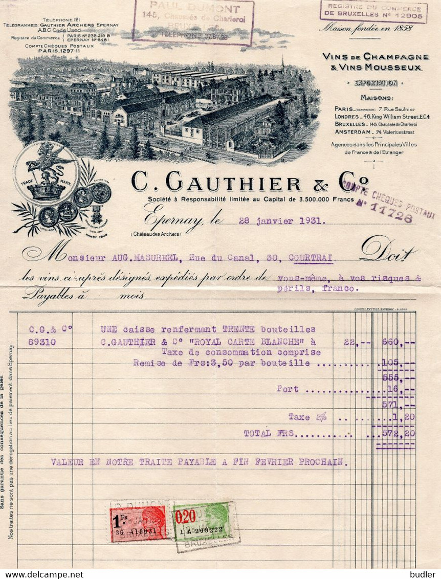 1931:Factuur Van/Facture De ##C. GAUTHIER & C°, Château Des Archers, Épernay ## Aan/à ##Mr. Le Dr. Masureel, Courtrai ## - Lebensmittel