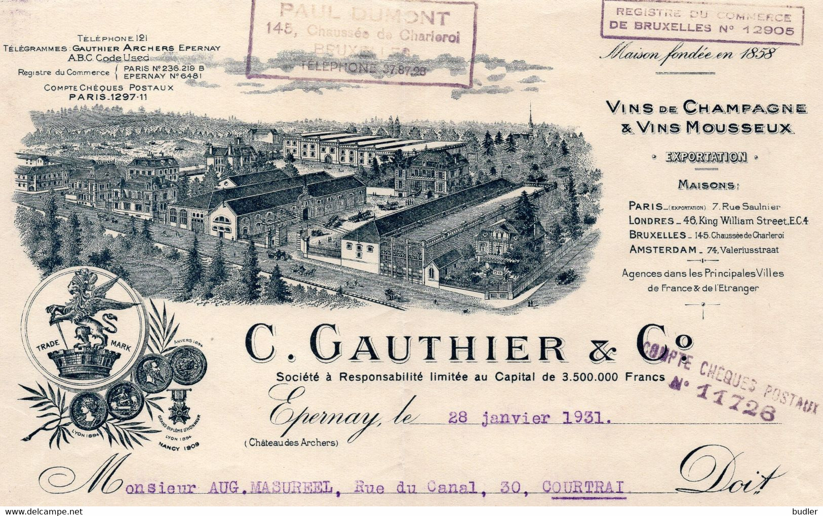 1931:Factuur Van/Facture De ##C. GAUTHIER & C°, Château Des Archers, Épernay ## Aan/à ##Mr. Le Dr. Masureel, Courtrai ## - Lebensmittel