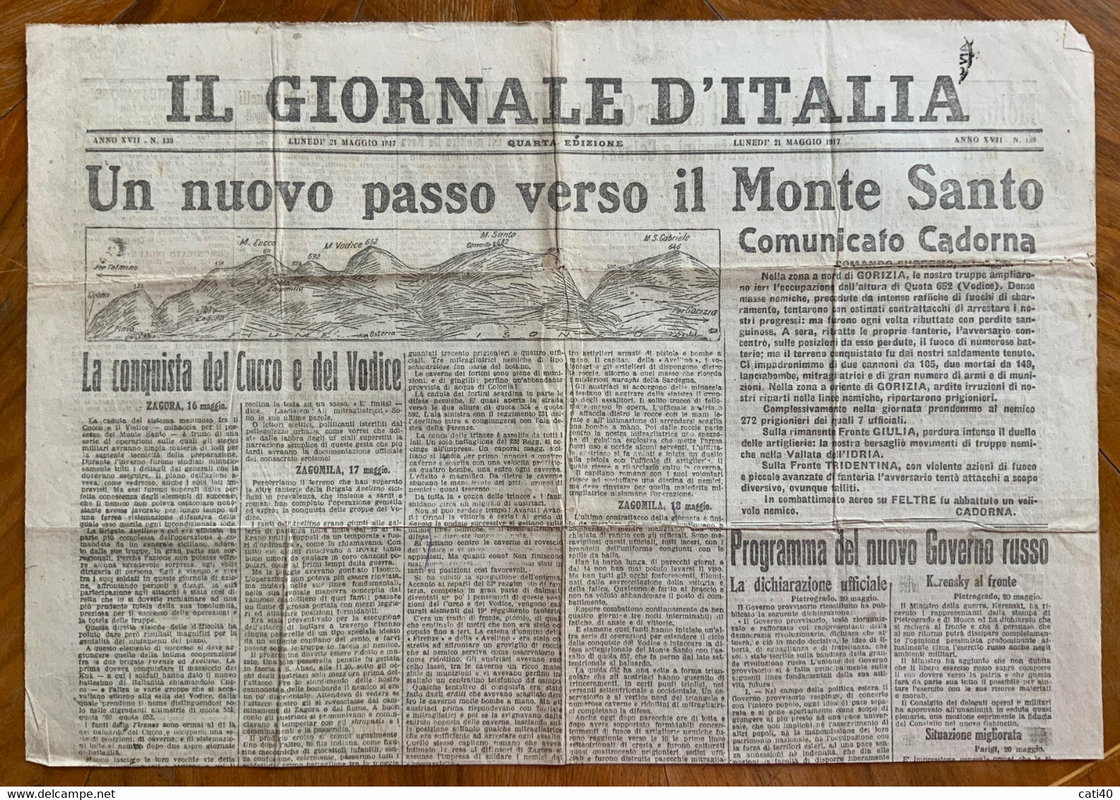 IL GIORNALE D'ITALIA Del 21/5/1917 : UN NUOVO PASSO VERSO IL MONTE SANTO..COMUNICATO CADORNA.. - First Editions