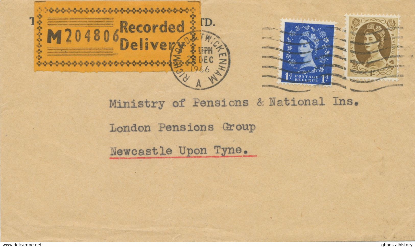 GB 1966 Superb Early RECORDED DELIVERY Cover With QEII 1d And 1sh. (since 3.10.1966: Postage Rate 4d, Recorded Delivery - Brieven En Documenten
