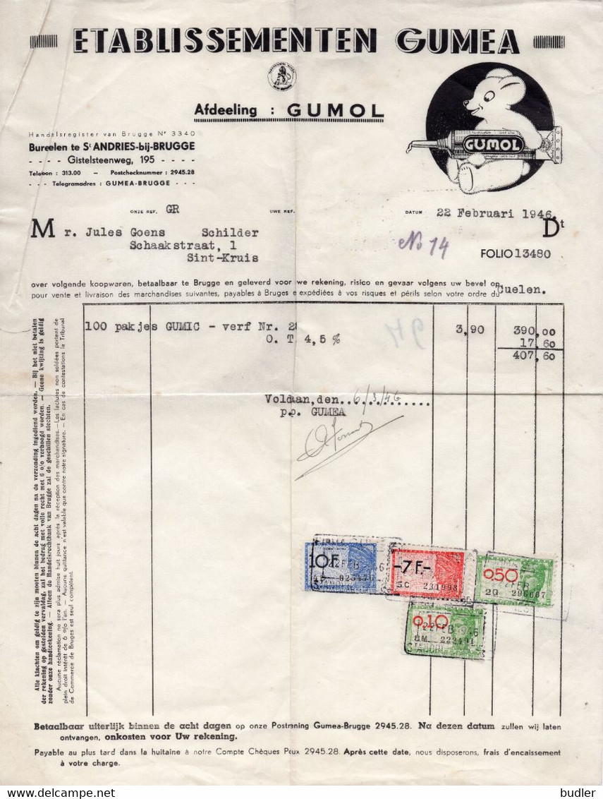 1946: Factuur Van ## Etablissementen GUMEA – Afdeling : GUMOL, Gistelsteenweg, 195, St. Andries-bij-Brugge ## Aan ... - Chemist's (drugstore) & Perfumery