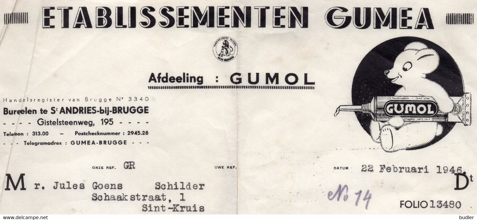 1946: Factuur Van ## Etablissementen GUMEA – Afdeling : GUMOL, Gistelsteenweg, 195, St. Andries-bij-Brugge ## Aan ... - Chemist's (drugstore) & Perfumery