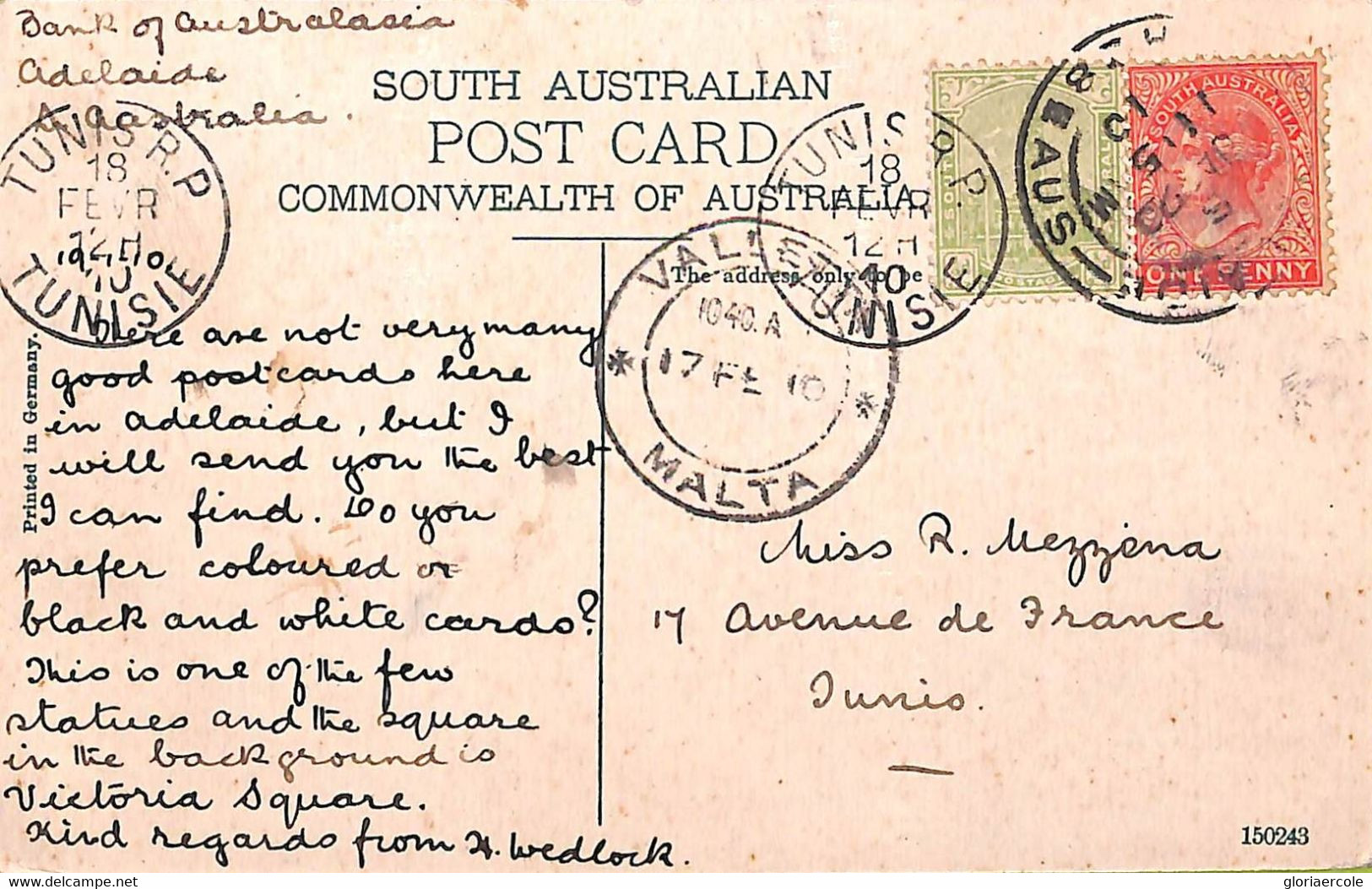 Ac6722  -  SOUTH AUSTRALIA  - Postal History - POSTCARD To TUNIS Via MALTA!  1910 - Briefe U. Dokumente
