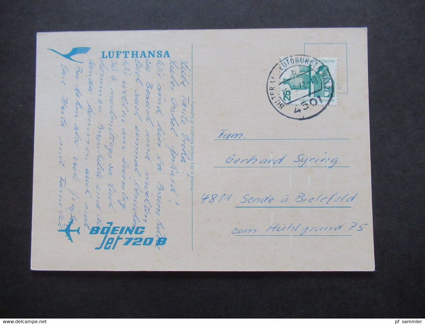 BRD 1977 Motiv PK Flugzeug Lufthansa Boeing Jet 720 B Tagesstempel Hilter Am Teutoburger Wald - 1946-....: Era Moderna